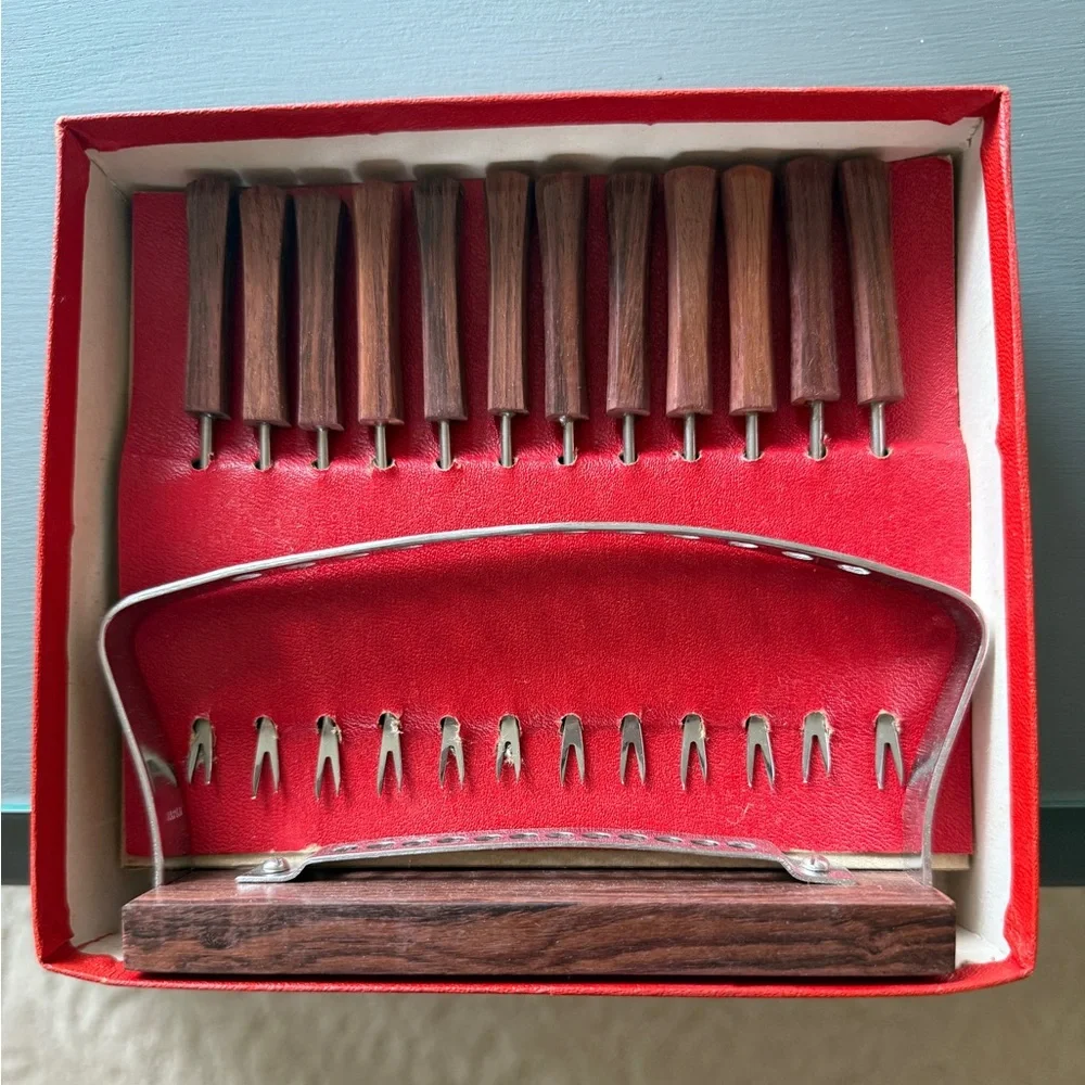 Vintage Cocktail Appetizer Stainless Steel and Rosewood Stand Bar Rostfrei Set.